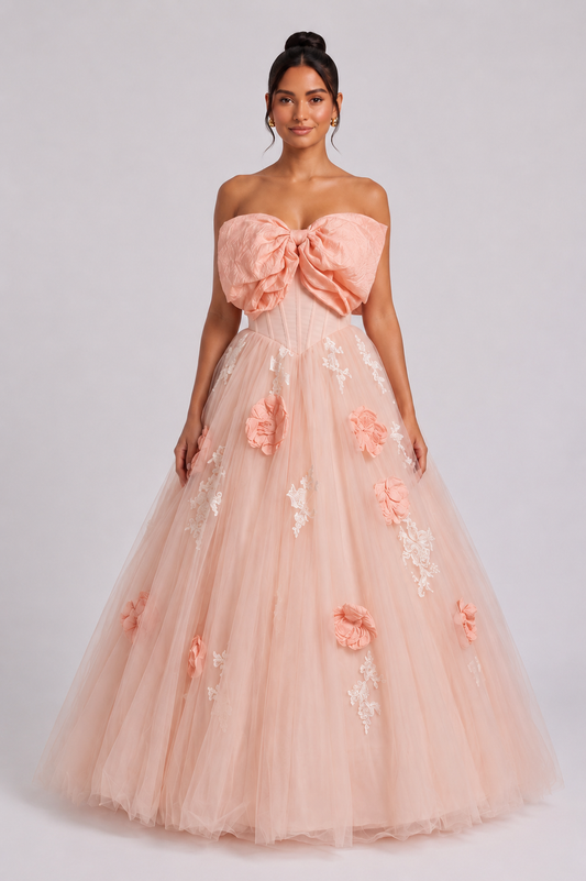Peach Tulle Ballgown with Floral Applique