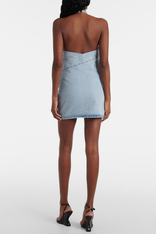 Floral Appliqué Halter Denim Mini Dress