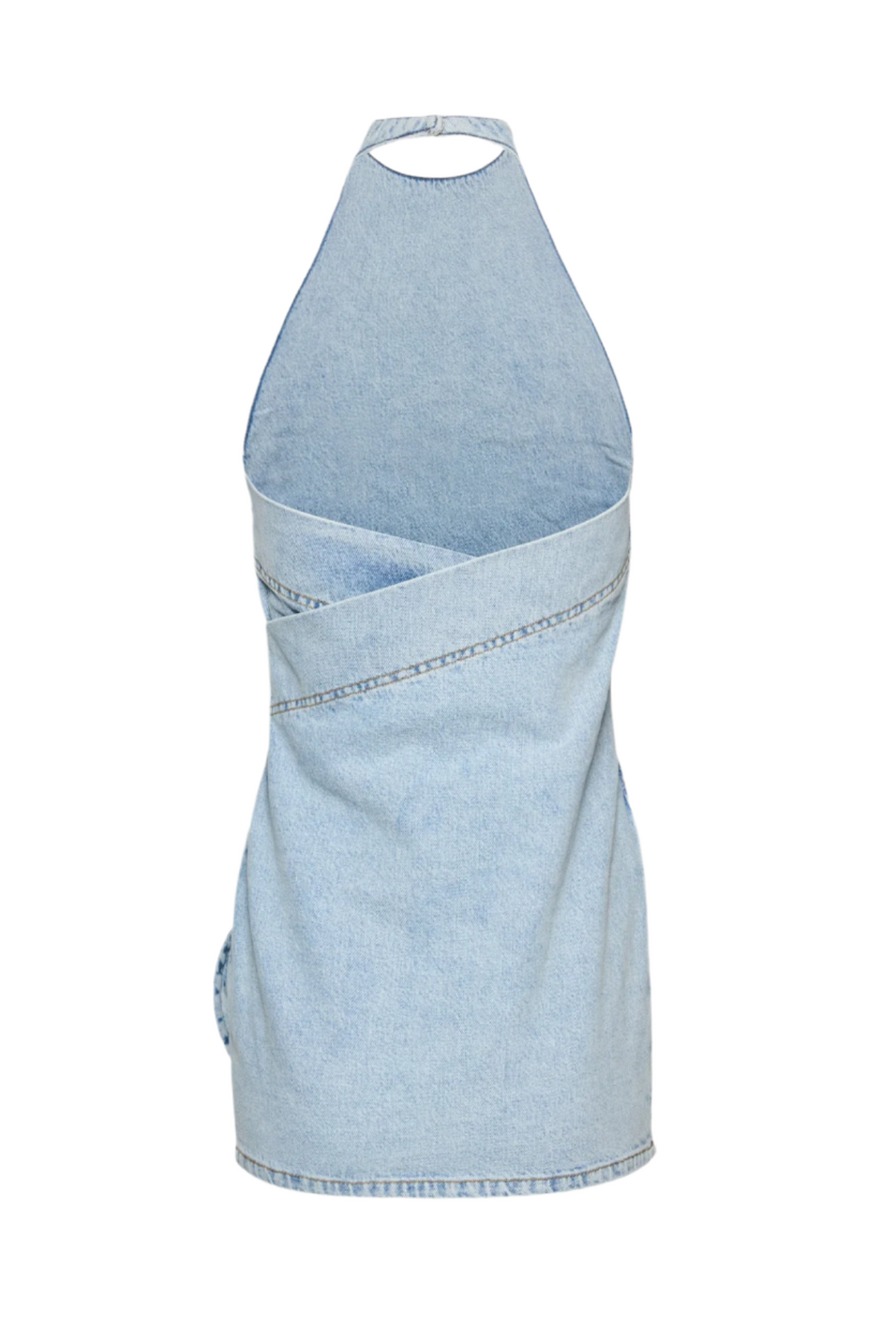 Floral Appliqué Halter Denim Mini Dress