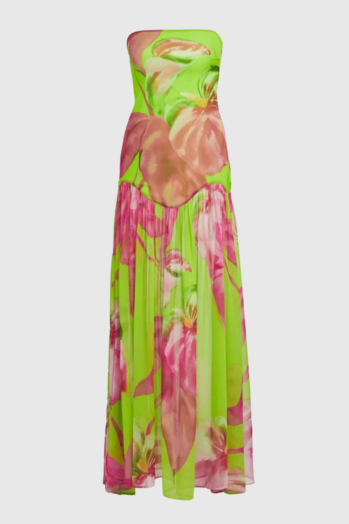 Shmaka Floral Print Strapless Slit Maxi Dress - Green