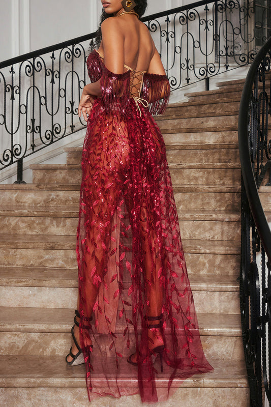 belen Codruta Strapless Leafy Fringe Maxi Dress In Wine