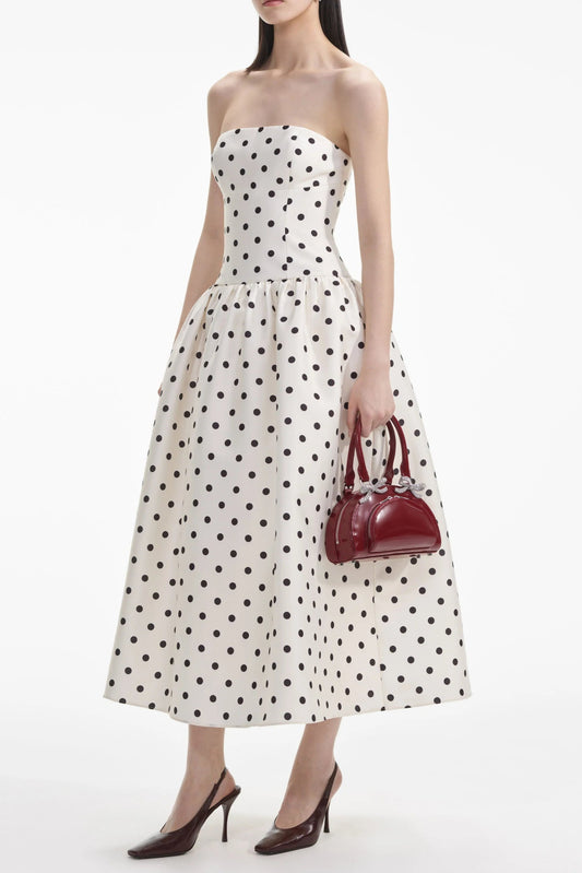 Cream Polka Dot Taffeta Midi Dress