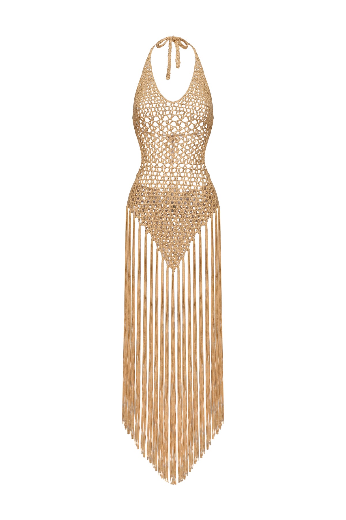 Khaki Hollow Crochet Halter Fringe Mini Cover-Up Dress