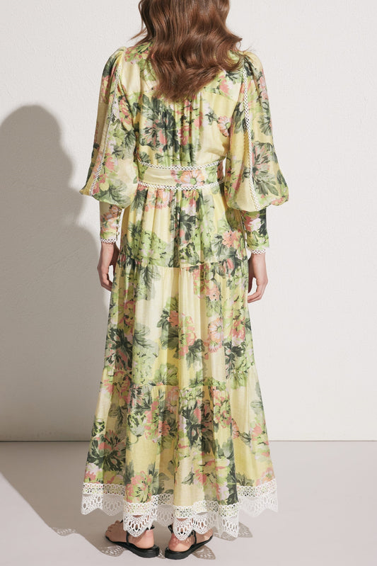 multicolor Floral Print Lace Trim Maxi Dress