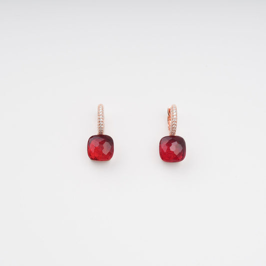 Aava Red Cushion Cut Gemstone Hoop Sterling Silver Earrings