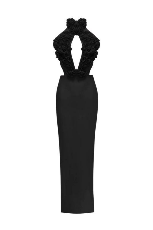 Datherine Floral Appliqué Halter Maxi Bandage Dress - Black