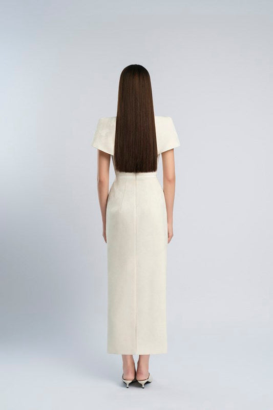 v-cut neckline maxi dress in beige