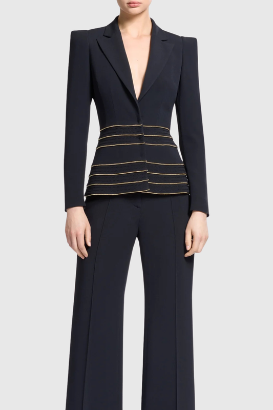 sandy Trim Embellished Blazer & Pants Set - black