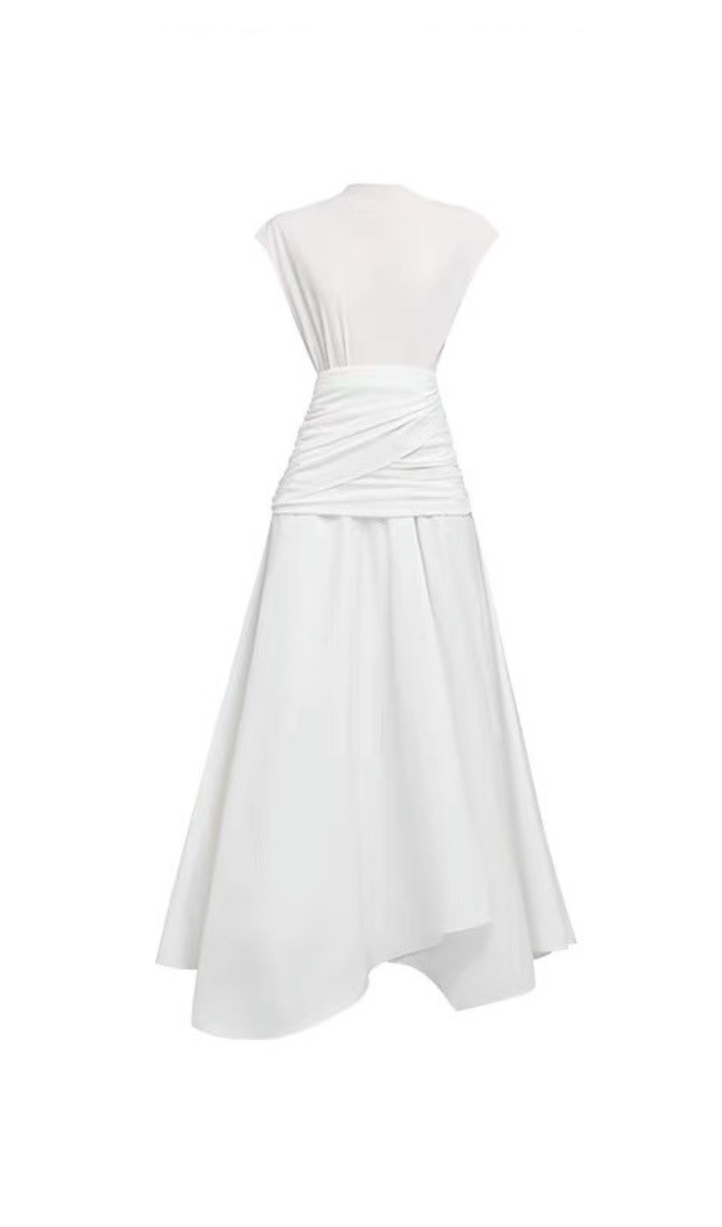 white Waist cross pleats midi dress with asymmetric hemline