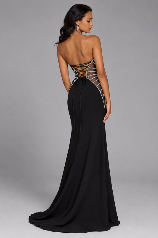 Black Lace-Up Back Maxi Dress with Embellished Mesh Panels