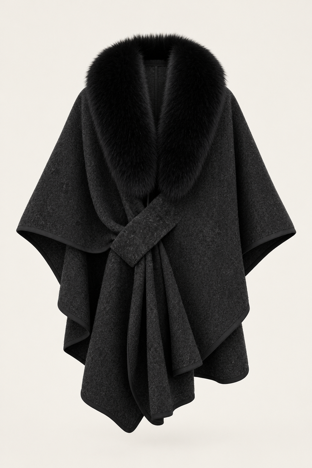 Black Wool Blend Oversized Draped Cape Coat with Fur Collar