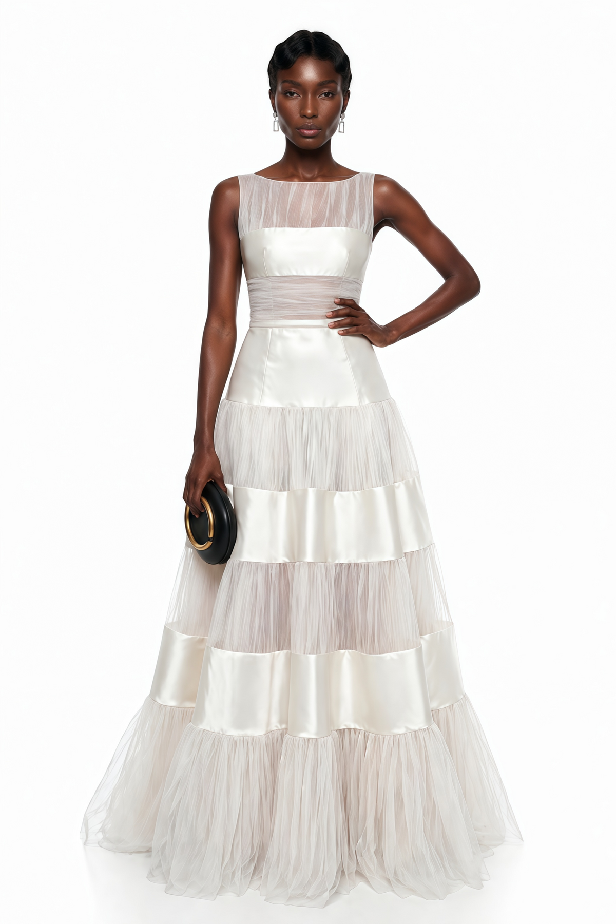 sabrina White Mesh Panel Maxi Dress with Satin Stripes
