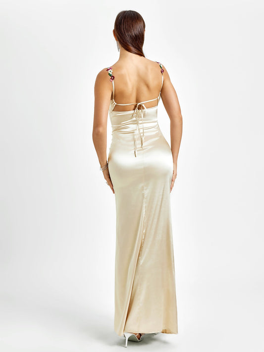Embellished Strap Tie Back Satin Bodycon Dress