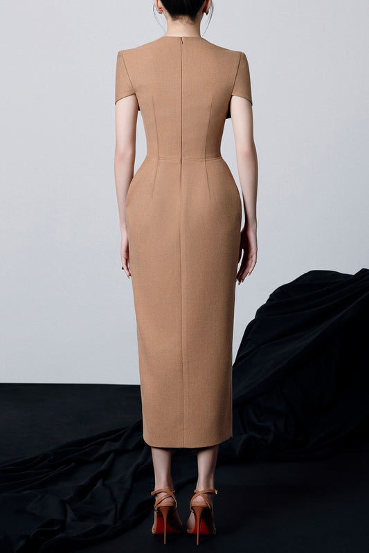 beverly V-Neck Draped slit Midi Dress in brown