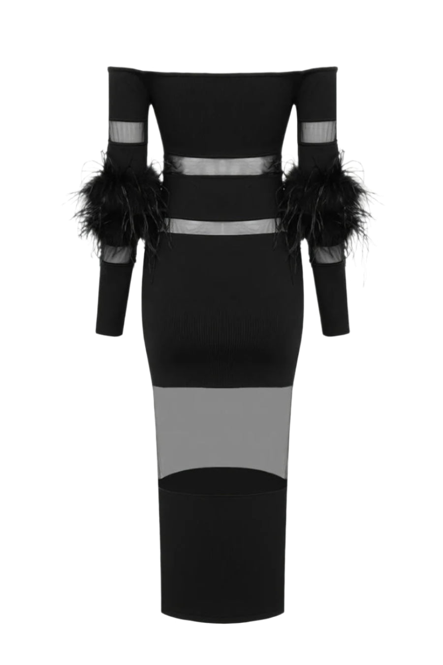 Off Shoulder Feather Mesh Midi Bandage Dress - Black