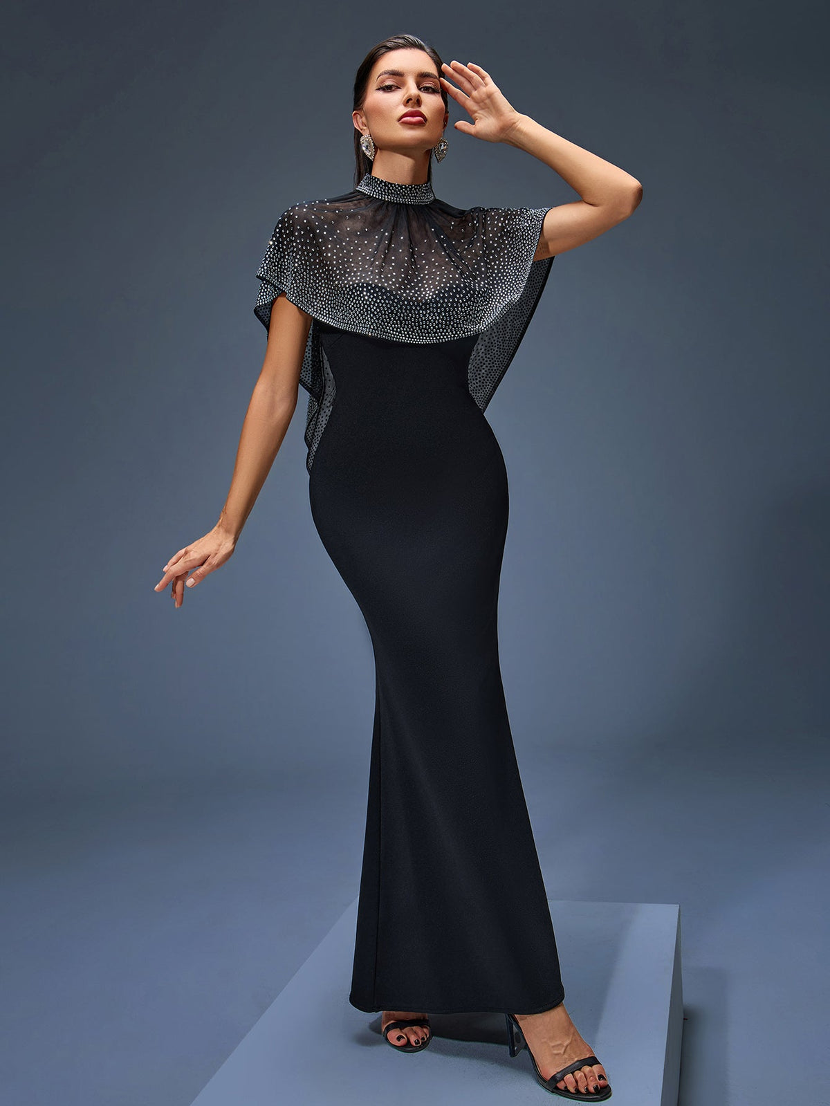 iris Beaded Neck Tulle Cape Maxi Dress in black