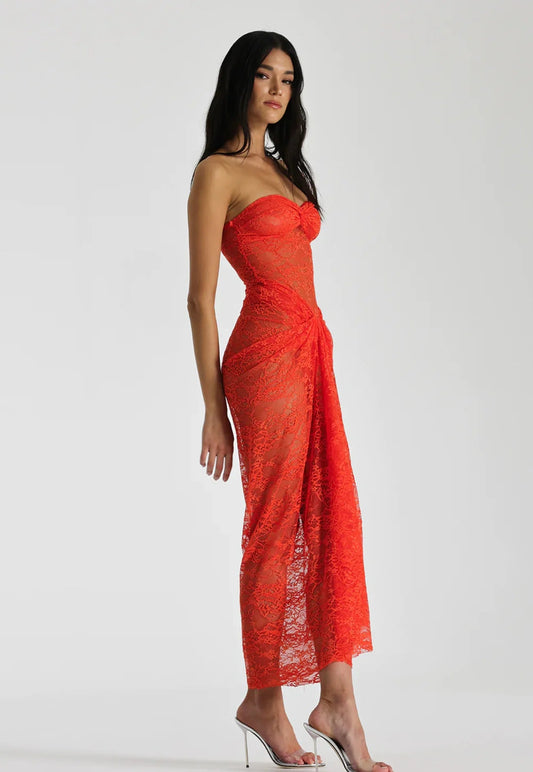 STRAPLESS TWISTED LACE DRESS IN ORANGE