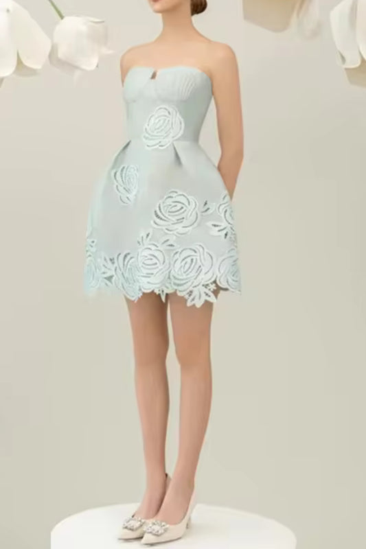 THERA FLOWER EMBELLISHED MINI DRESS IN PALE BLUE
