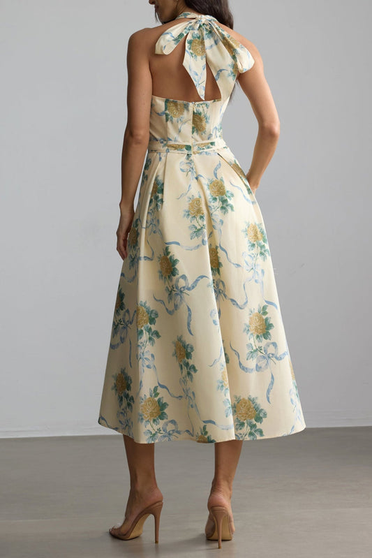 deirdre Floral Print Deep V Neck Midi Dress in yellow
