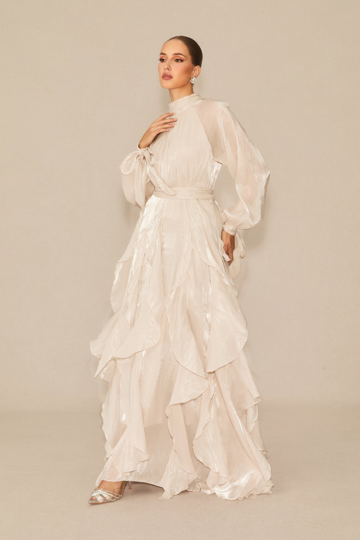 pandora Puff Sleeve Ruffle Trim Maxi Dress in apricot