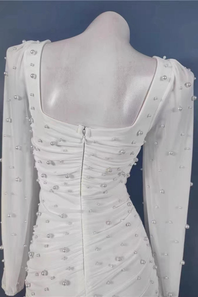 Flirty Luxury Ivory Mesh Pearl Long Sleeve Mini Dress