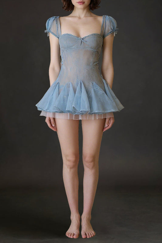 Lace embroidery puffy mini dress in blue