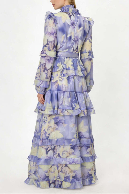 alyssa purple Floral print Ruffle Maxi Dress With Belt