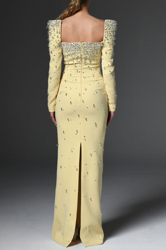 lynn Square neck beaded rhinestone maxi dress - yellow