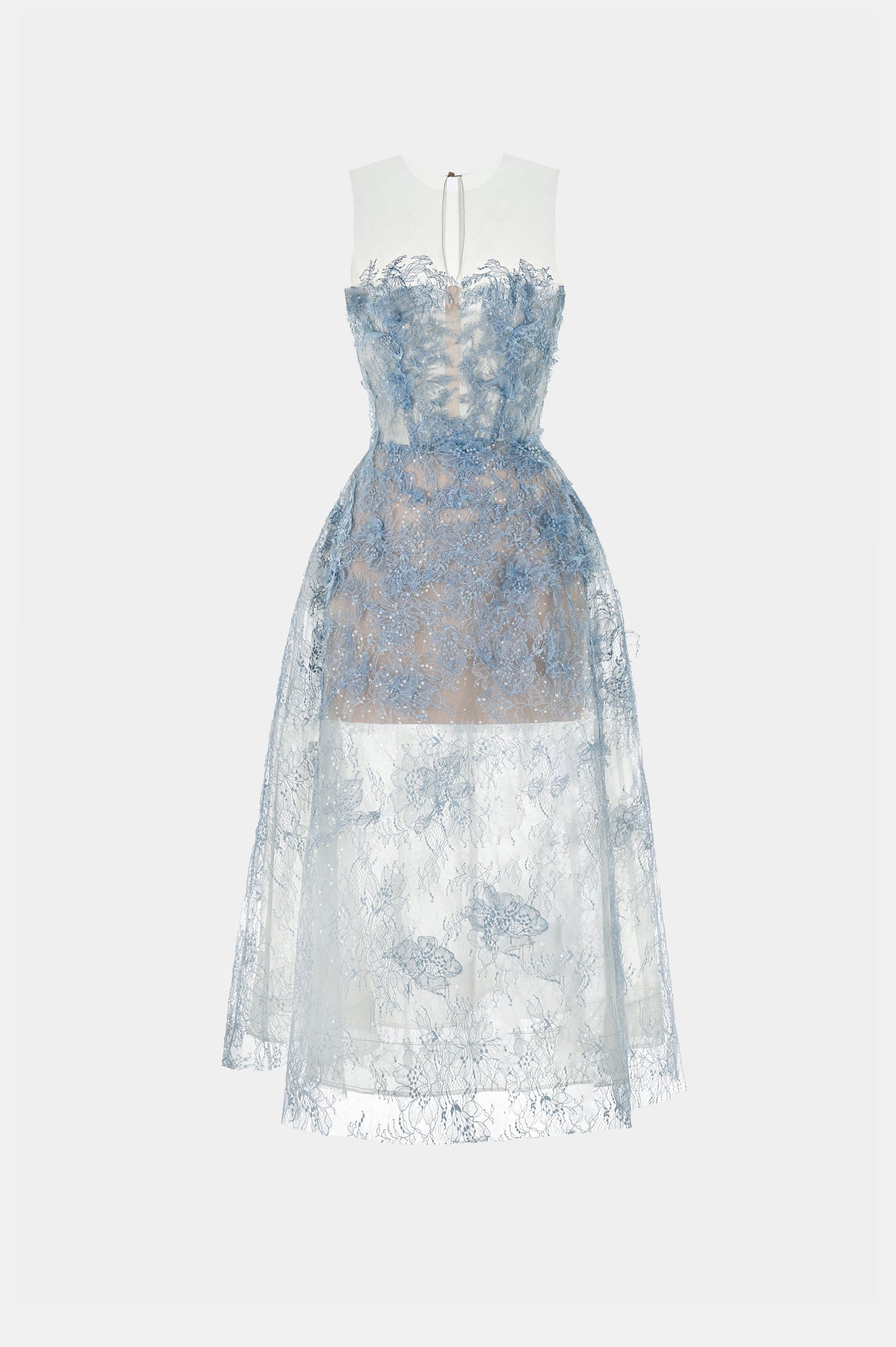 BLUE BEADED LACE MIDI DRESS