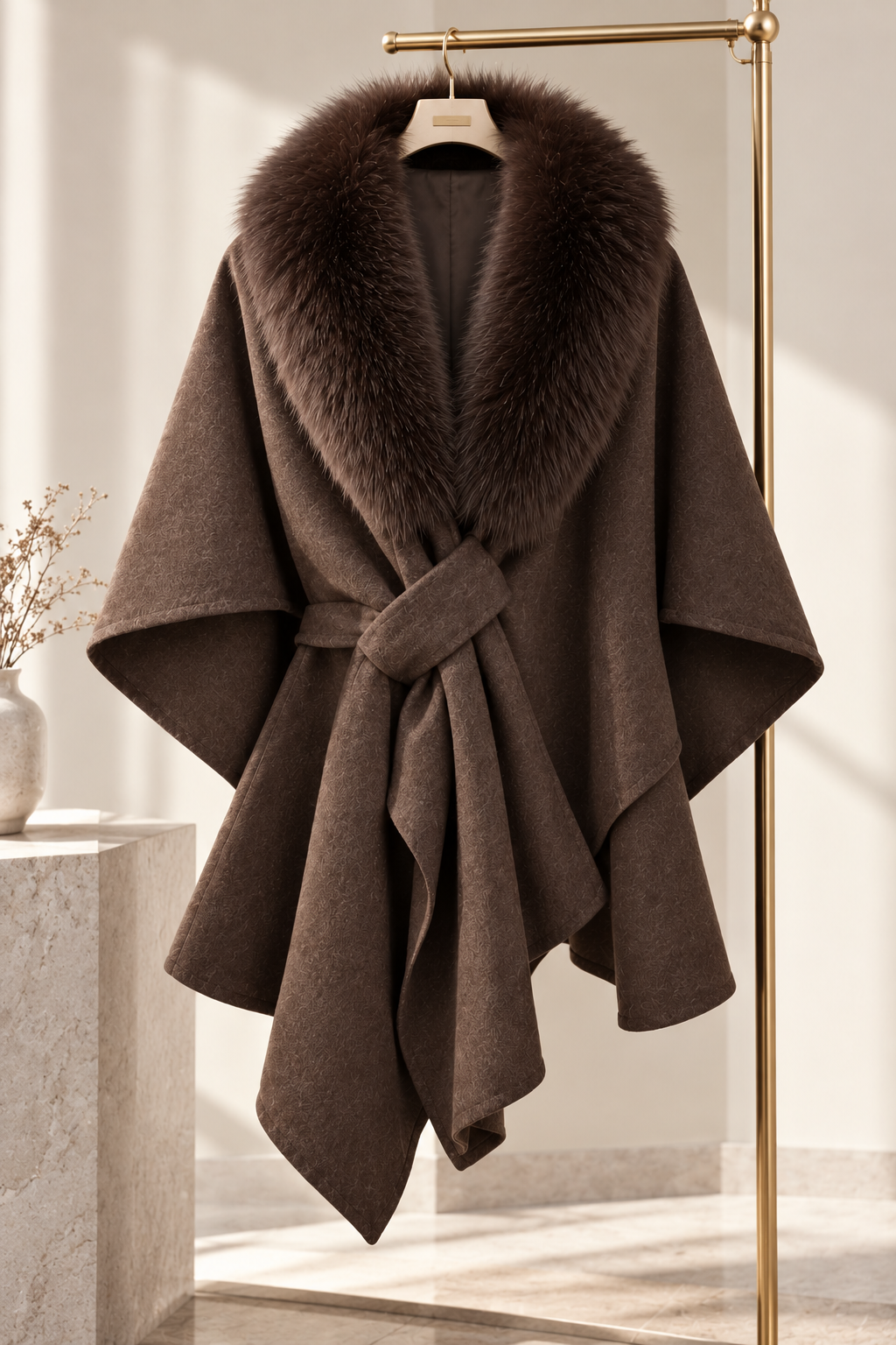 Dark Brown Wool Blend Draped Cape Coat with Fur Collar
