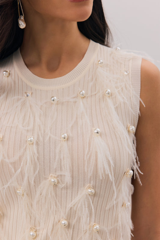 Cream Feather Pearl Embellished Sleeveless Rib Knit Tank Top