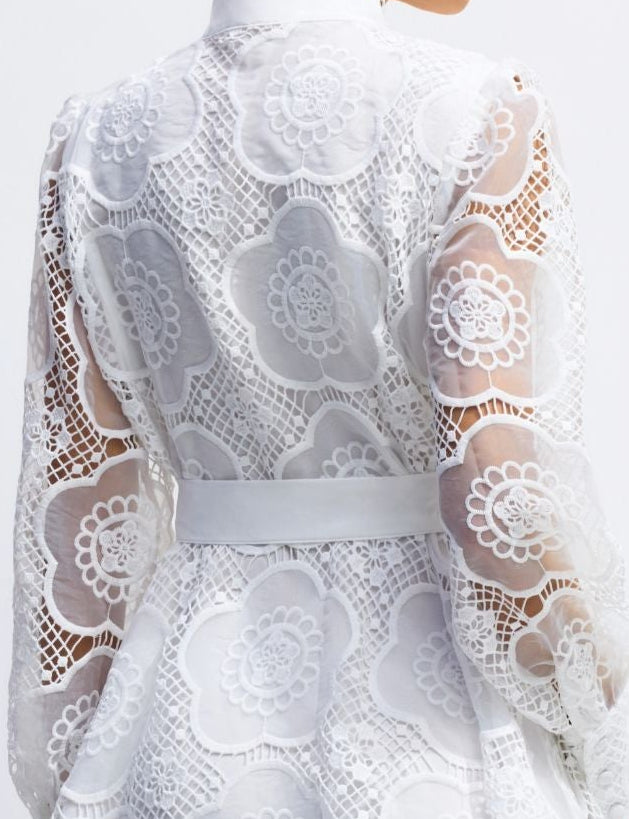 White Floral Lace Stand Collar Balloon Sleeve Belted Mini Shirt Dress