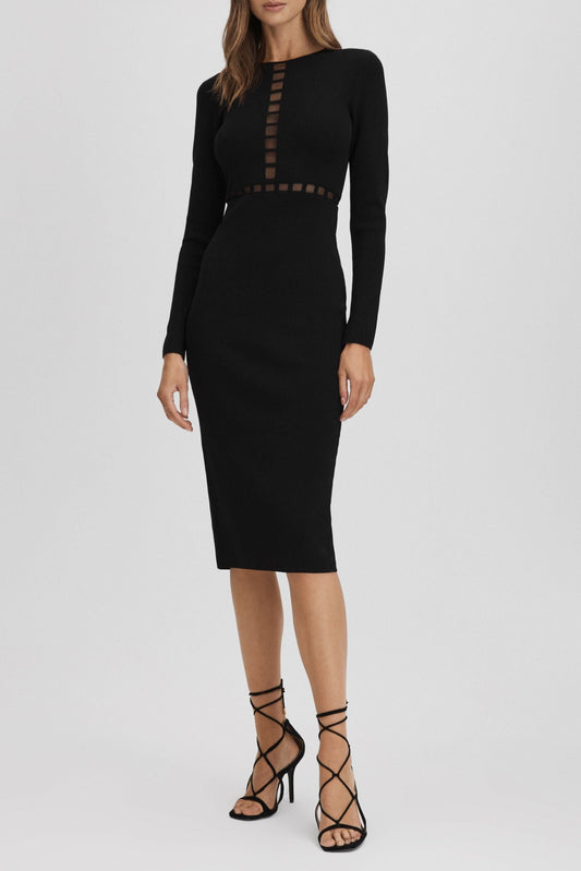 Mesh Detail Midi Dress in Black