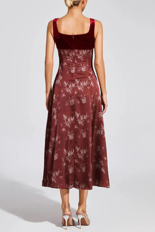 lucy Retro square neck print suspender midi dress - Burgundy
