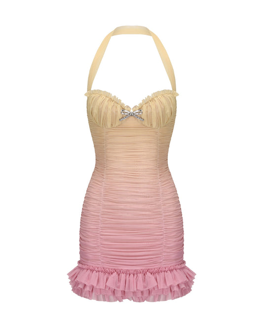 joyce pleated hem mini dress in Gradient yellow