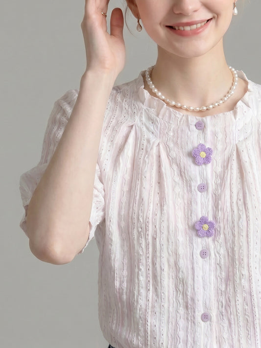 Ruffled Crew Neck Eyelet Puff Sleeve Blouse With Floral Buttons