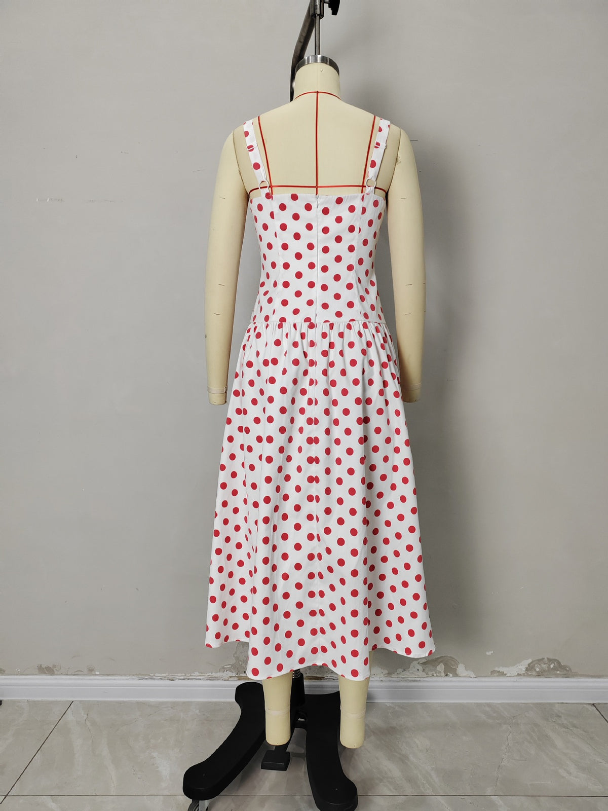 Cream Red Polka Dot Square Strap Button Front Flared Midi Dress