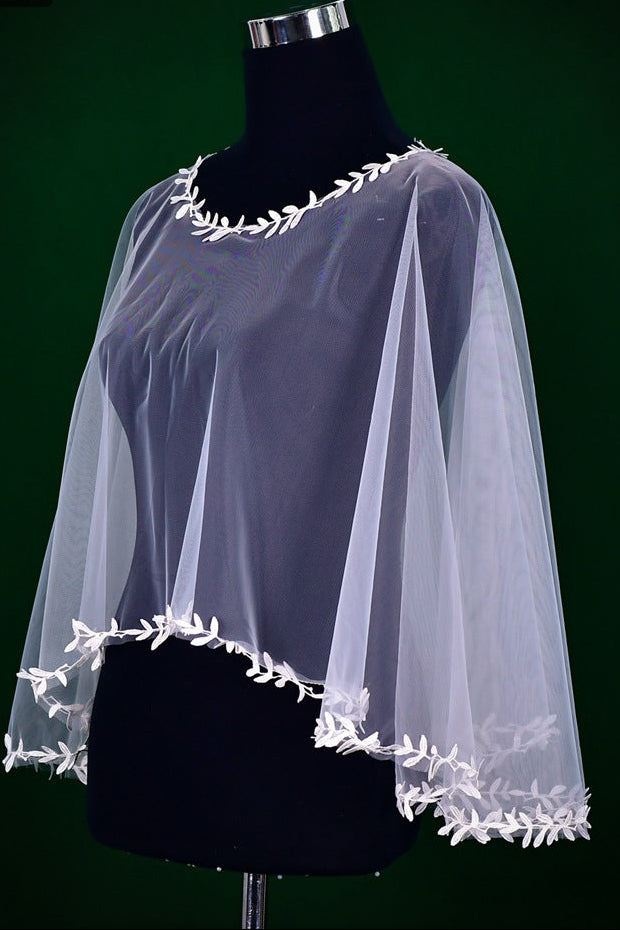 White Leaf Embroidery Sheer Tulle Bridal Cape Shrug