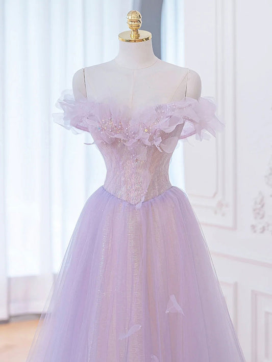 A-Line Purple Off Shoulder maxi Prom Dress