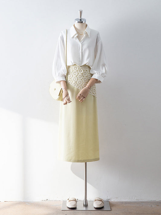 Diagonal Floral Lace Spliced High Waist Straight Midi Skirt