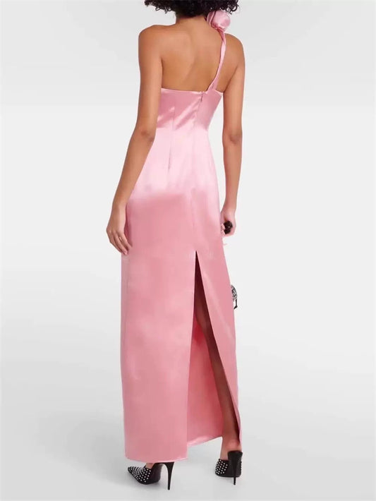 yvonne one-shoulder 3d flower satin maxi dress in pink