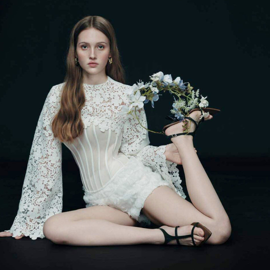 lace long sleeve herring bone top stereoscopic flower shorts set