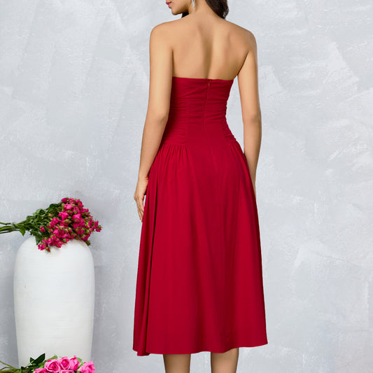 Strapless Side Ruched Flared Midi Dress