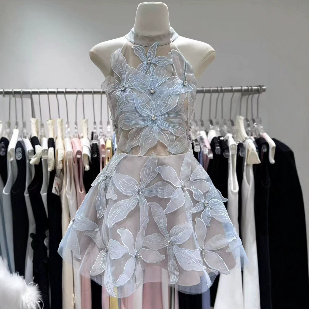 Halter 3D Floral Rhinestone Sheer Mini Dress