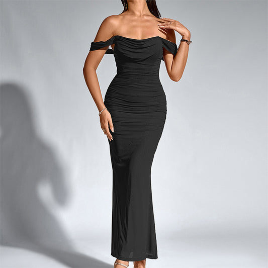 Off Shoulder Draped Cowl Ruched Mesh Mermaid Maxi Dress