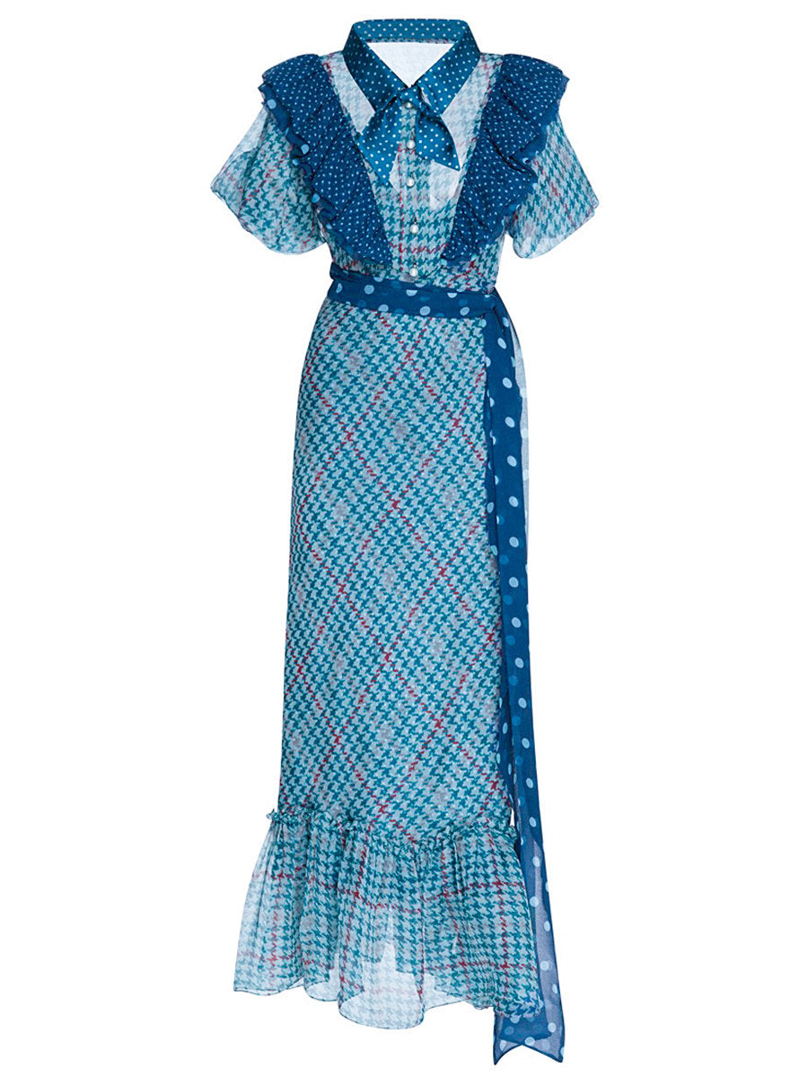 blue print plaid midi dress