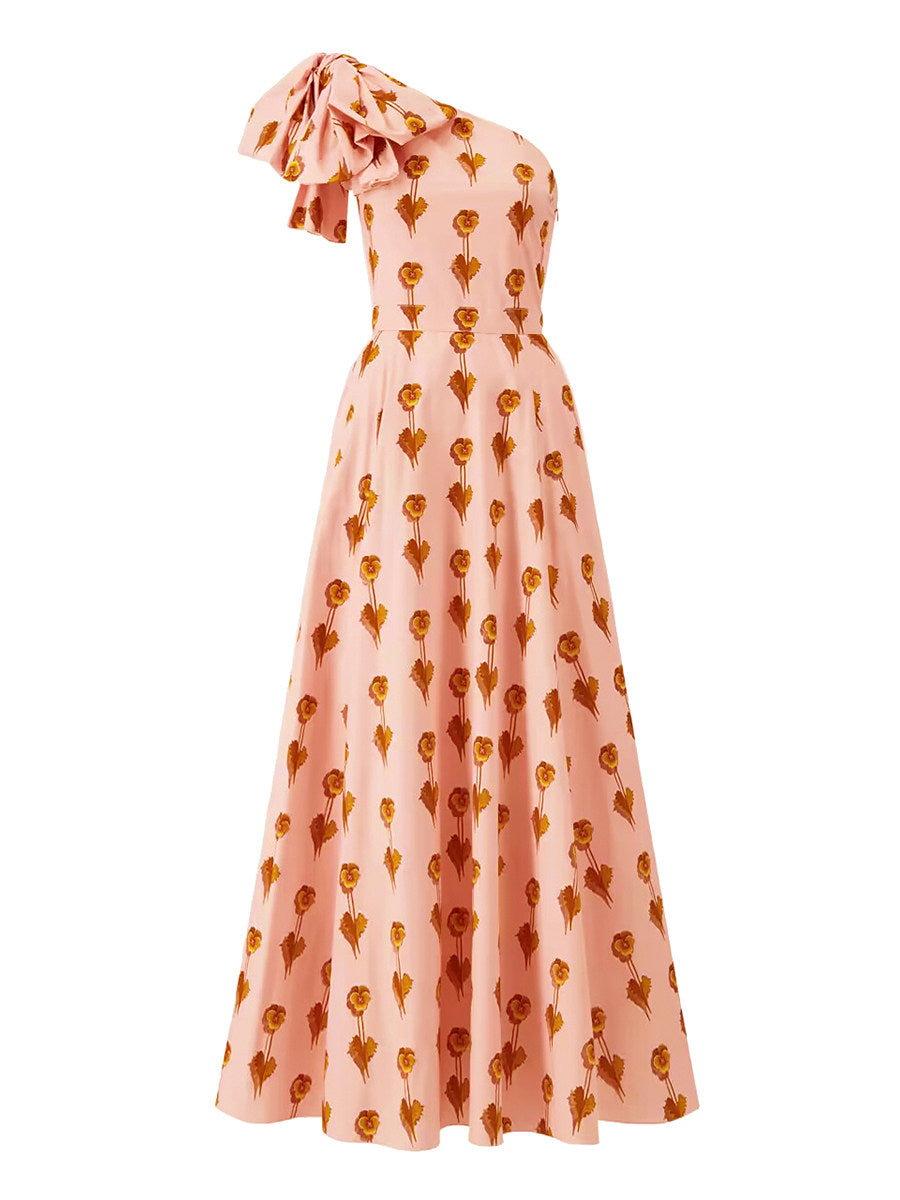 pink printed bows slanted shoulders dress