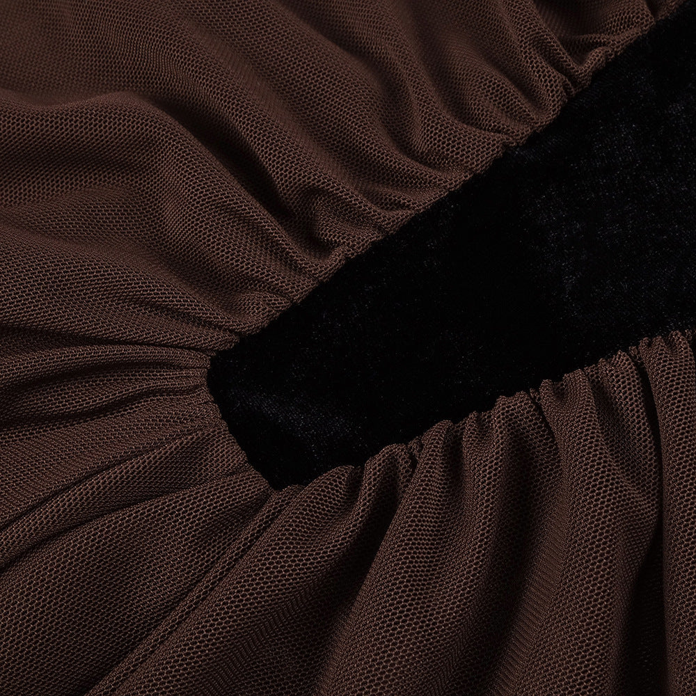 velvet mesh patchwork maxi dress in black
