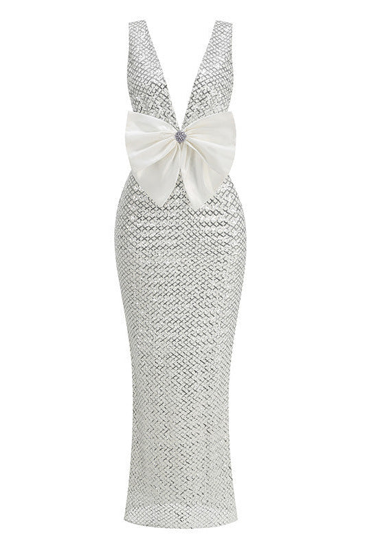 rebecca bow sequin embellished v neck maxi dress in silver