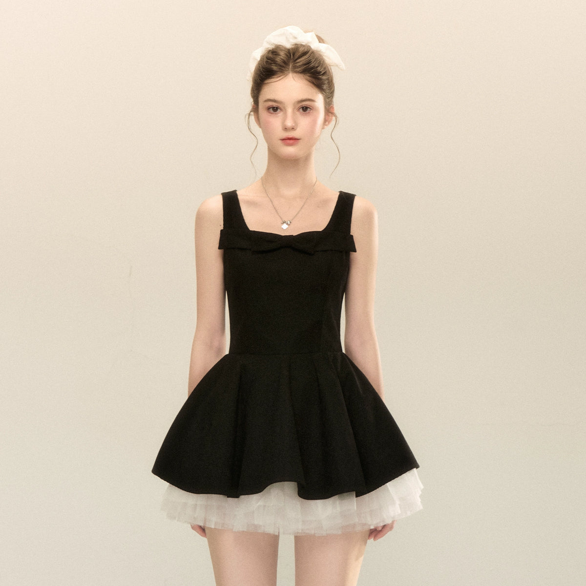 spliced mesh puffy mini dress